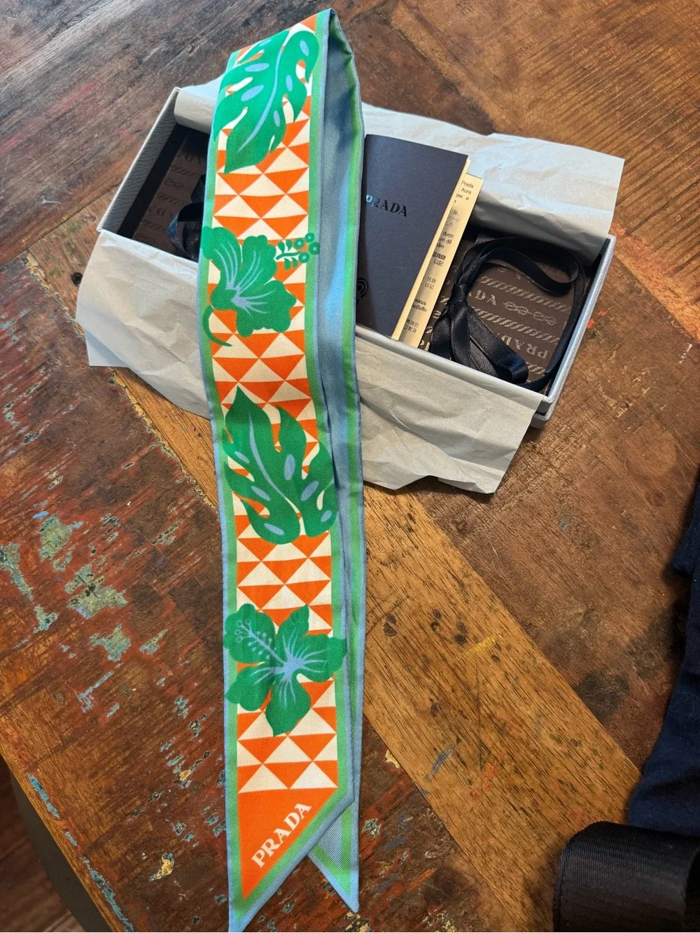Prada Green & Orange Tropical Silk Skinny Scarf